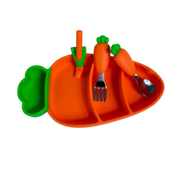Healthy Eating Toddler Carrot Plate Shaped Silicone Feeding Set Utensils Straw - Picture 4 of 14